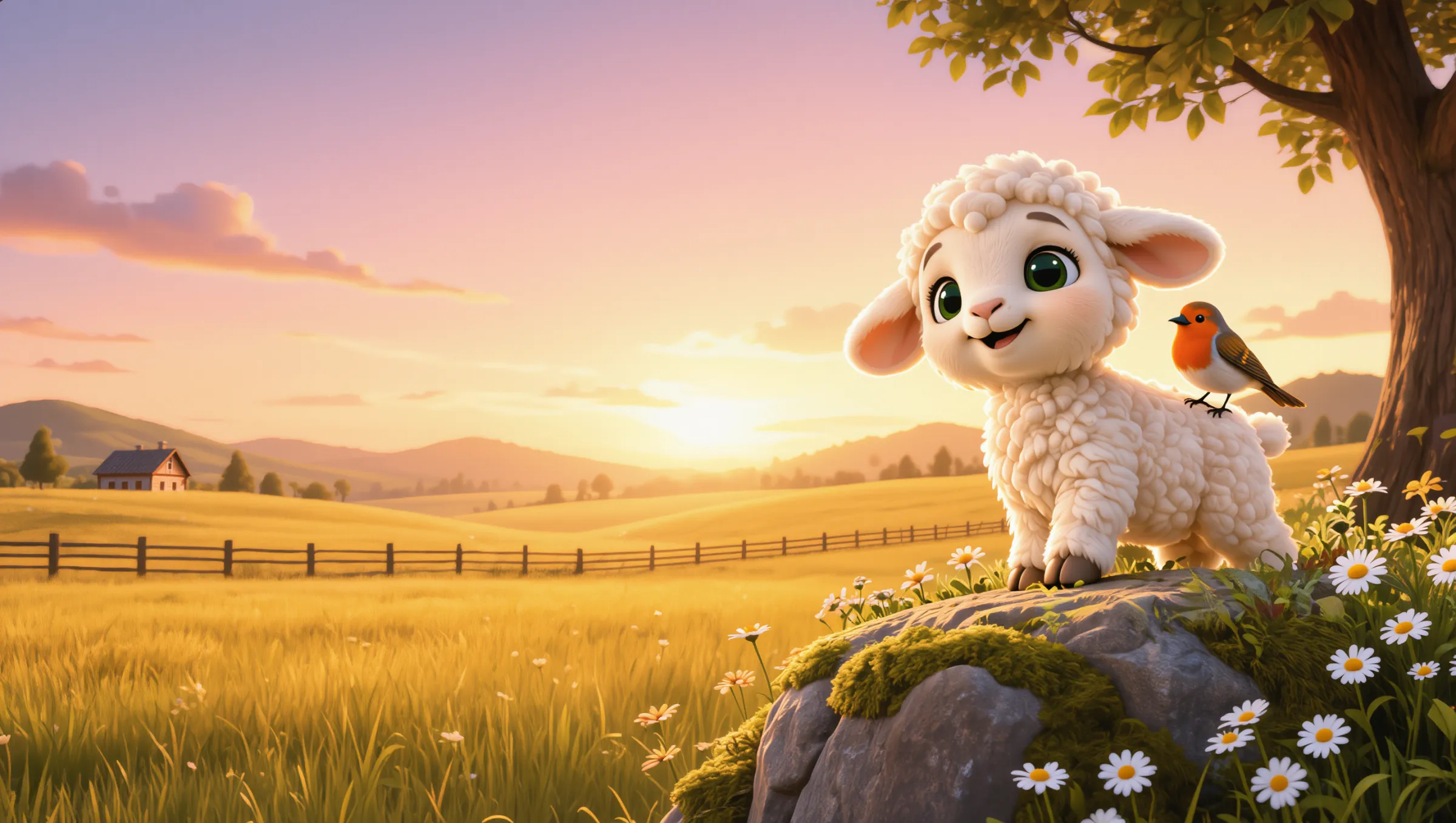 A Lori, uma ovelhinha fofinha de olhos verdes, sorri sobre uma pedra com musgo ao lado de um passarinho, num campo dourado ao pôr do sol